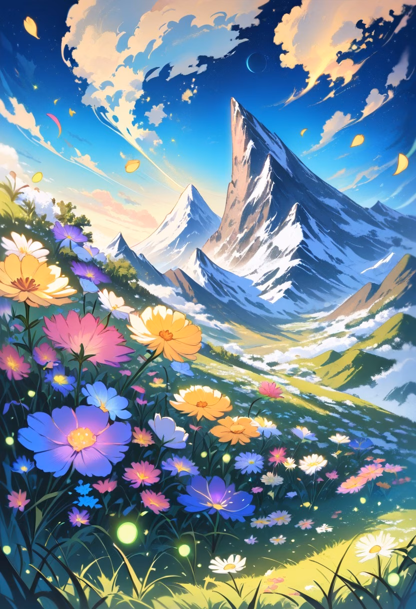 Alpine Wildflower Meadow — view 2 — Wildflower alpine meadow with vibrant colorful blooms, stretching beneath towering snow-capped peaks, cool summer night
