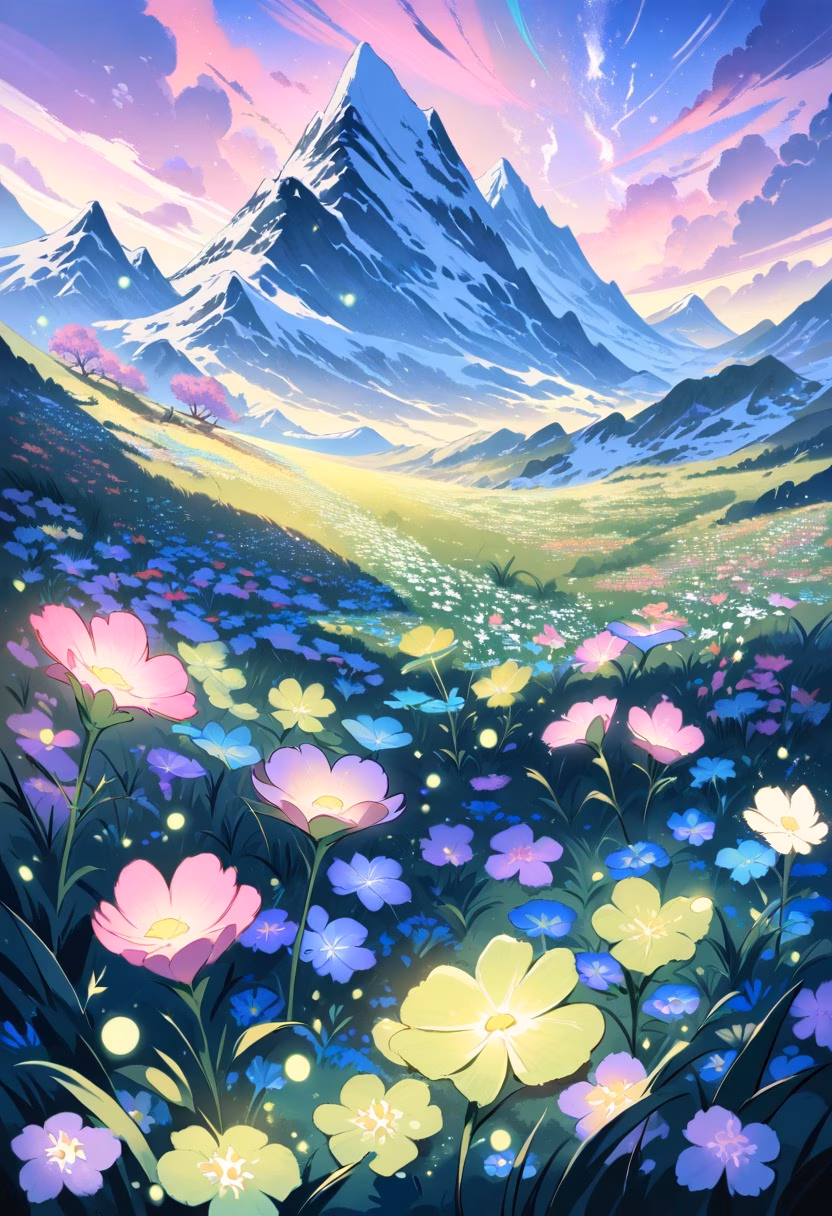 Alpine Wildflower Meadow — view 3 — Wildflower alpine meadow with vibrant colorful blooms, stretching beneath towering snow-capped peaks, cool summer night