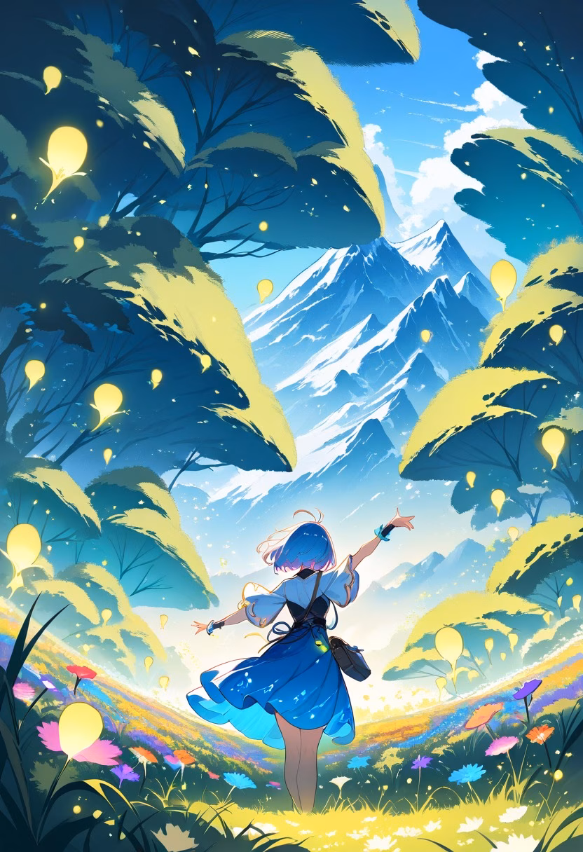 Alpine Wildflower Meadow — view 4 — Wildflower alpine meadow with vibrant colorful blooms, stretching beneath towering snow-capped peaks, cool summer night