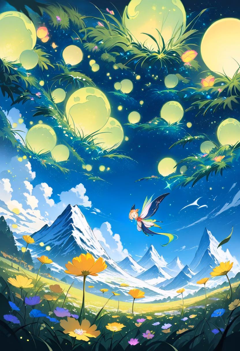 Alpine Wildflower Meadow — view 5 — Wildflower alpine meadow with vibrant colorful blooms, stretching beneath towering snow-capped peaks, cool summer night 