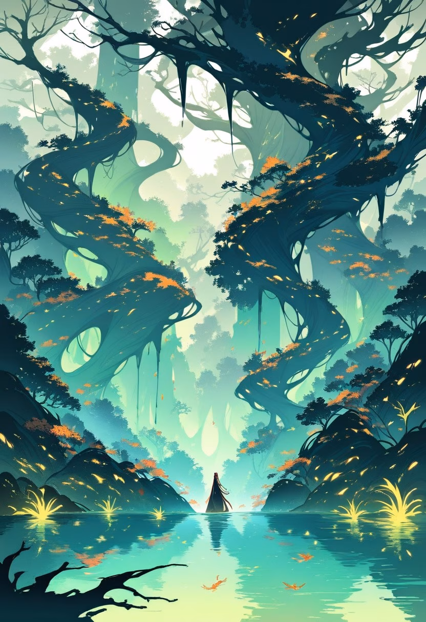 Mangrove Swamp Dawn — view 5 — Bioluminescent mangrove swamp with tangled root networks, reflecting in dark still waters, humid autumn dawn with thin f
