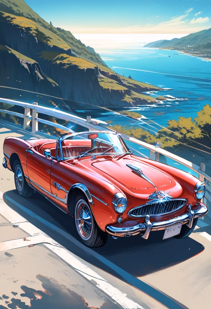 Red Convertible Coast — view 2 — Vintage red convertible with gleaming chrome details, parked along scenic coastal highway overlook, clear summer day wit