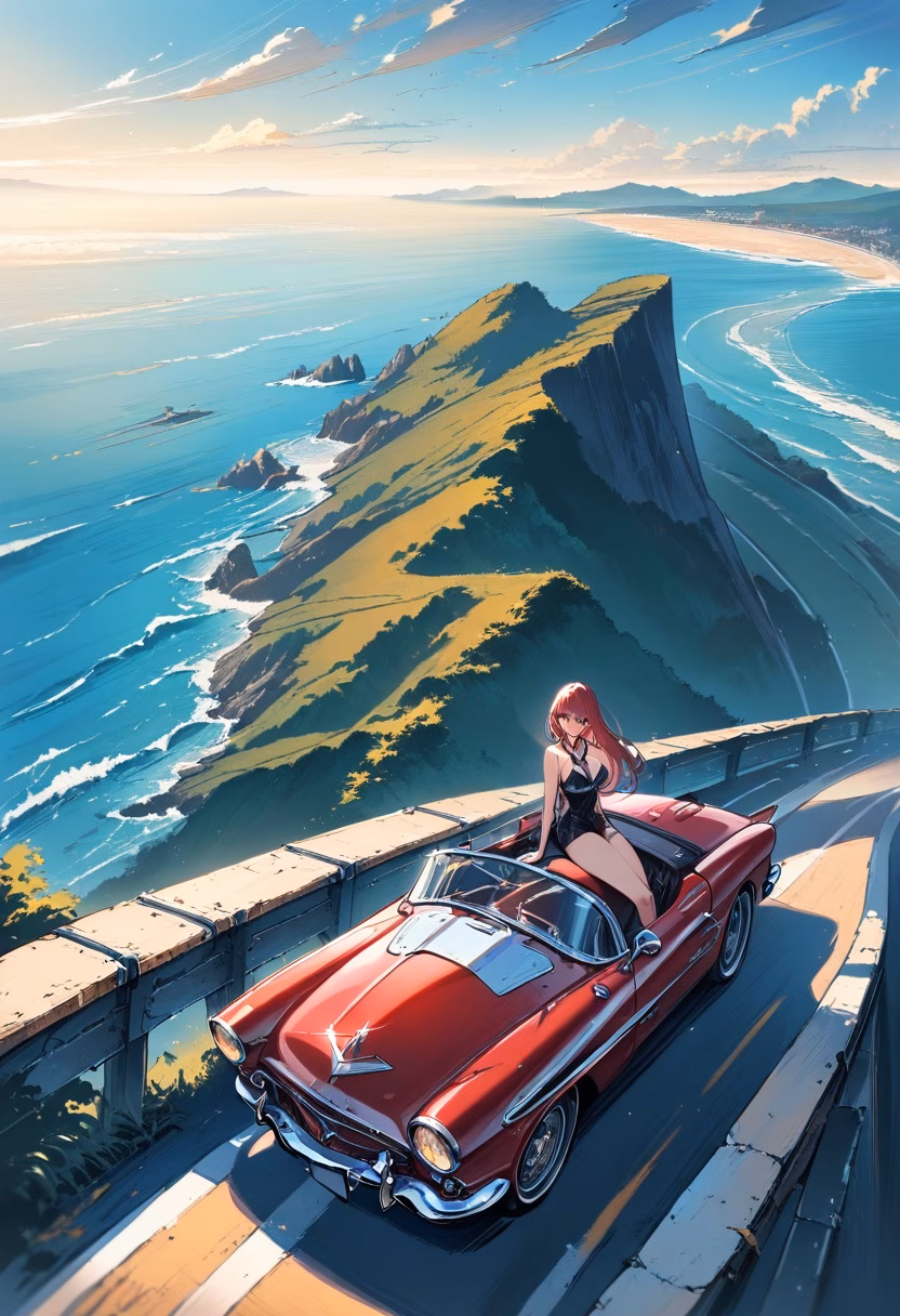 Red Convertible Coast — view 3 — Vintage red convertible with gleaming chrome details, parked along scenic coastal highway overlook, clear summer day wit
