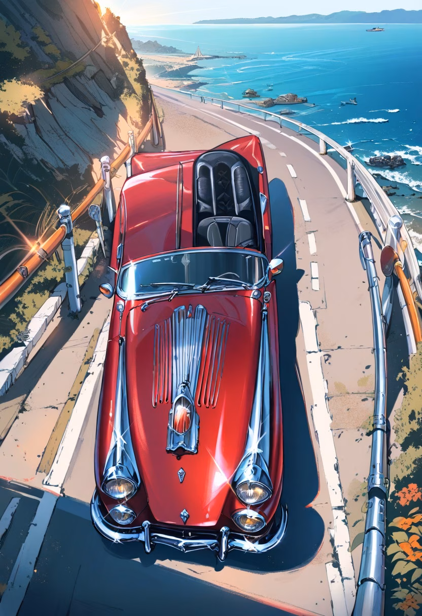 Red Convertible Coast — view 4 — Vintage red convertible with gleaming chrome details, parked along scenic coastal highway overlook, clear summer day wit