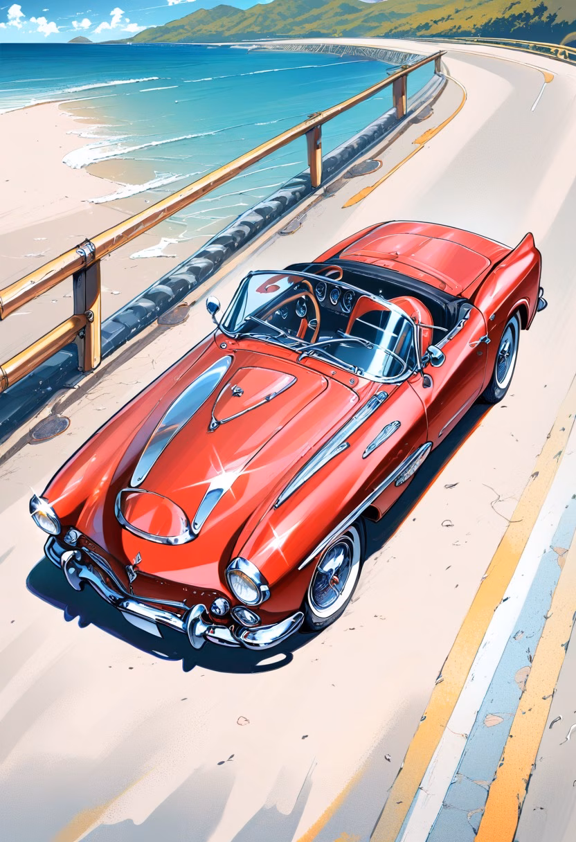 Red Convertible Coast — view 5 — Vintage red convertible with gleaming chrome details, parked along scenic coastal highway overlook, clear summer day wit