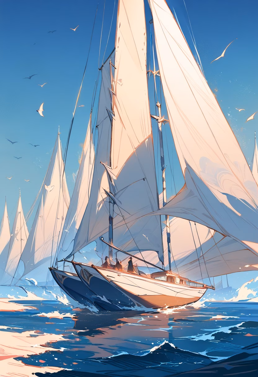 White Sailboat Glide — view 1 — Sleek white sailboat with billowing canvas sails, gliding across calm azure harbor waters, gentle spring wind filling sa