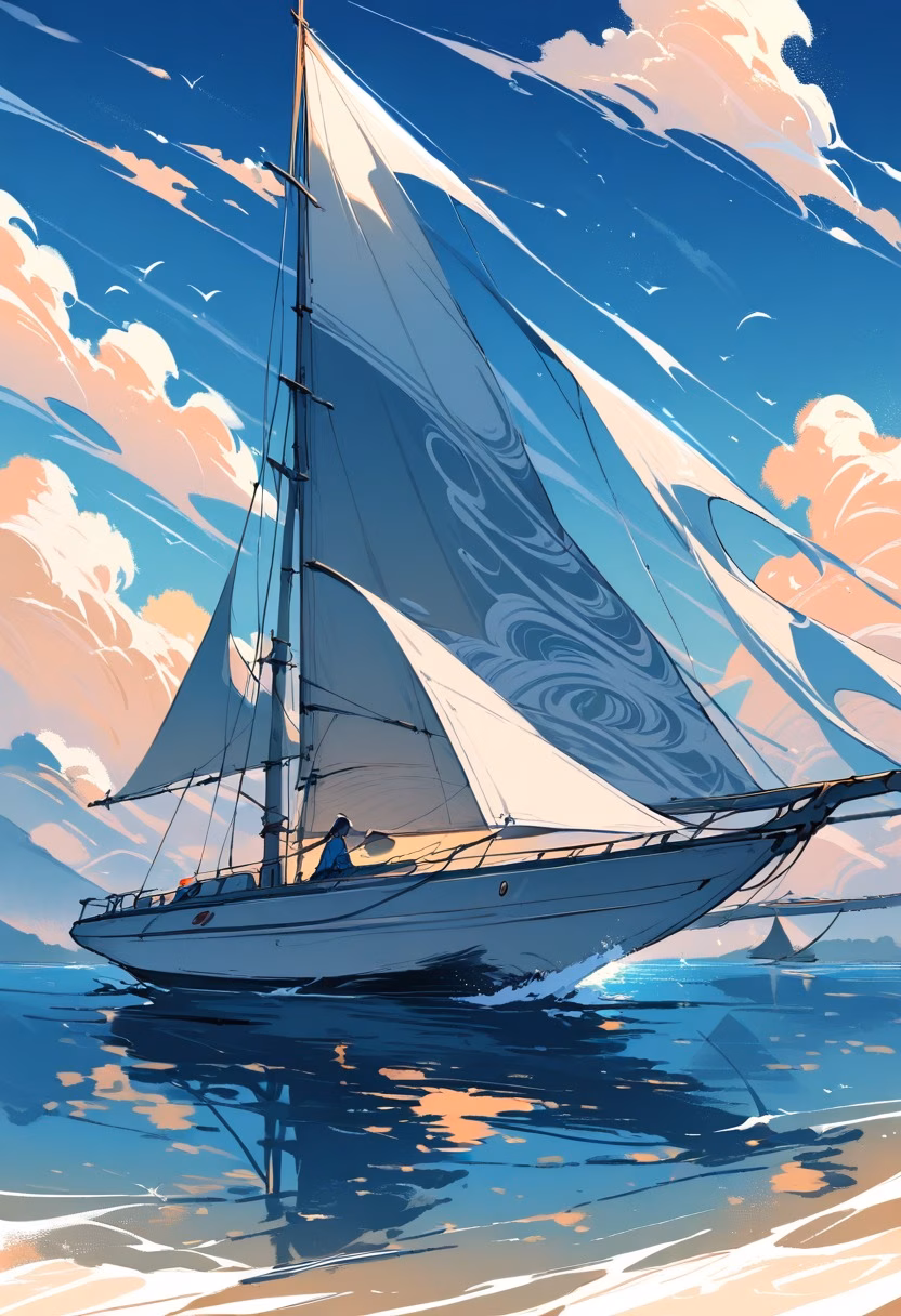 White Sailboat Glide — view 4 — Sleek white sailboat with billowing canvas sails, gliding across calm azure harbor waters, gentle spring wind filling sa