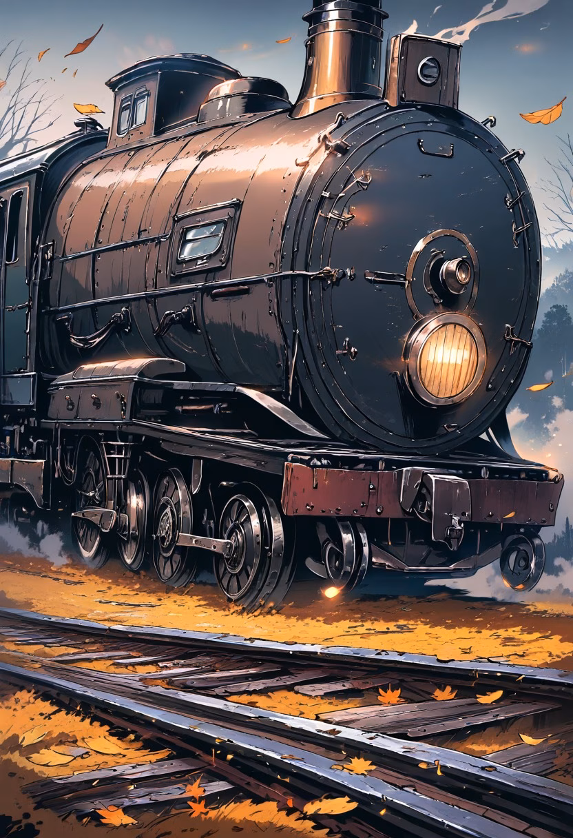 Steam Locomotive Dusk — view 1 — Weathered steam locomotive with black iron boiler, resting on abandoned rural railway tracks, cool autumn dusk with fall