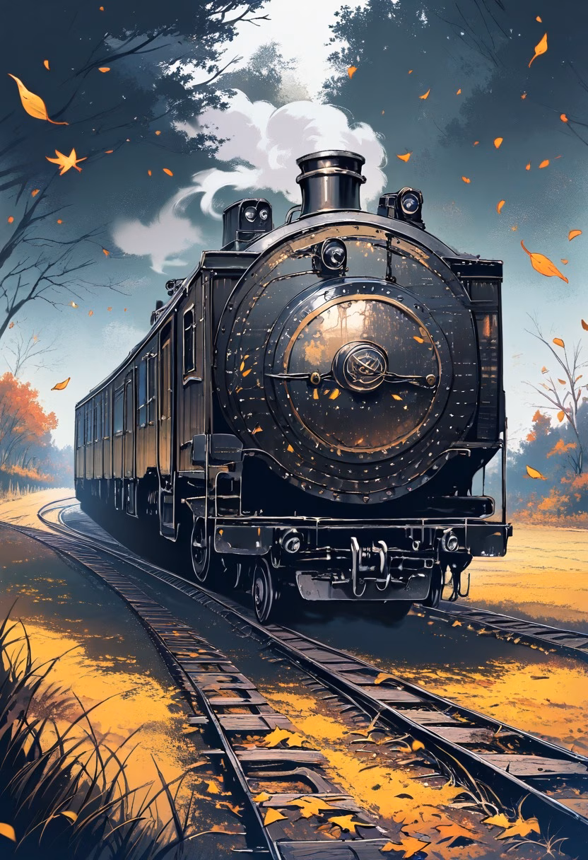Steam Locomotive Dusk — view 2 — Weathered steam locomotive with black iron boiler, resting on abandoned rural railway tracks, cool autumn dusk with fall