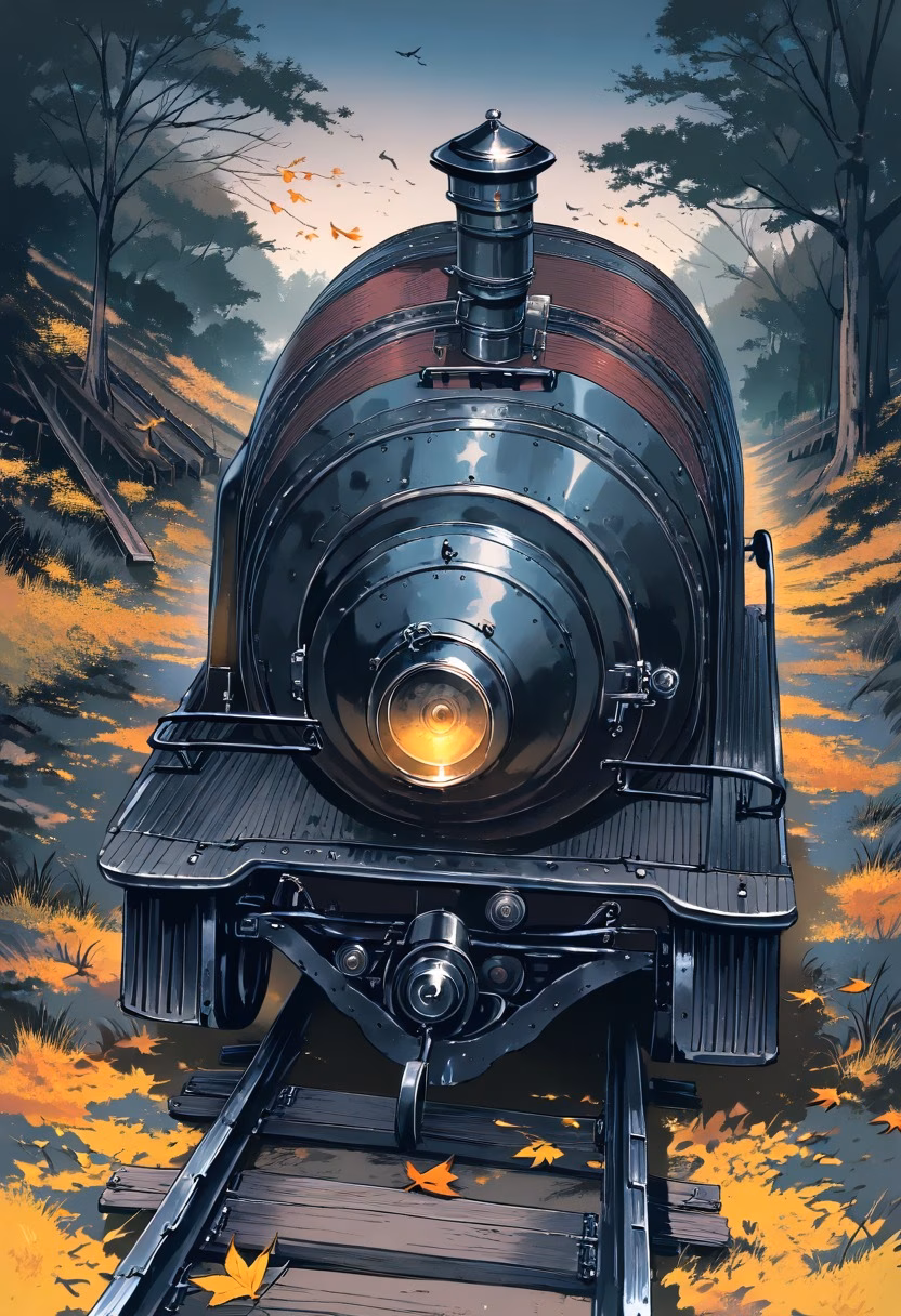 Steam Locomotive Dusk — view 3 — Weathered steam locomotive with black iron boiler, resting on abandoned rural railway tracks, cool autumn dusk with fall