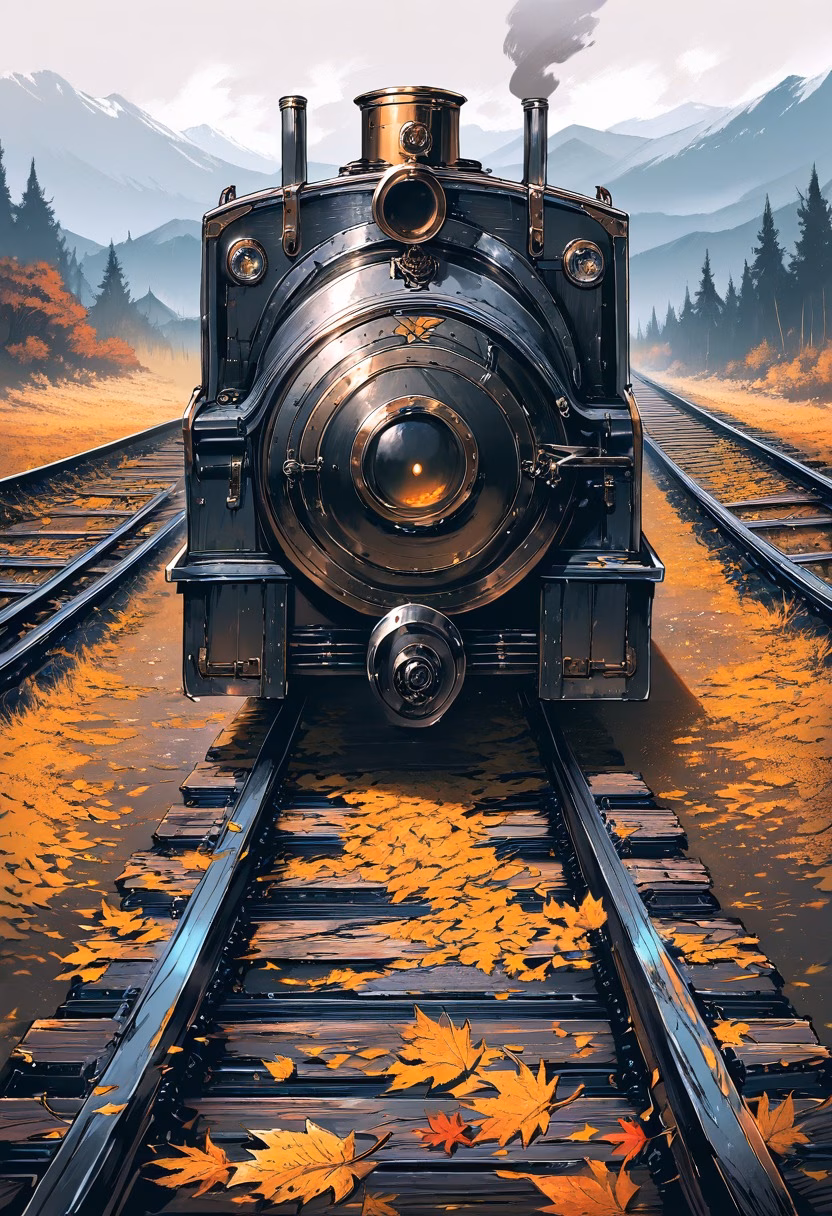 Steam Locomotive Dusk — view 4 — Weathered steam locomotive with black iron boiler, resting on abandoned rural railway tracks, cool autumn dusk with fall