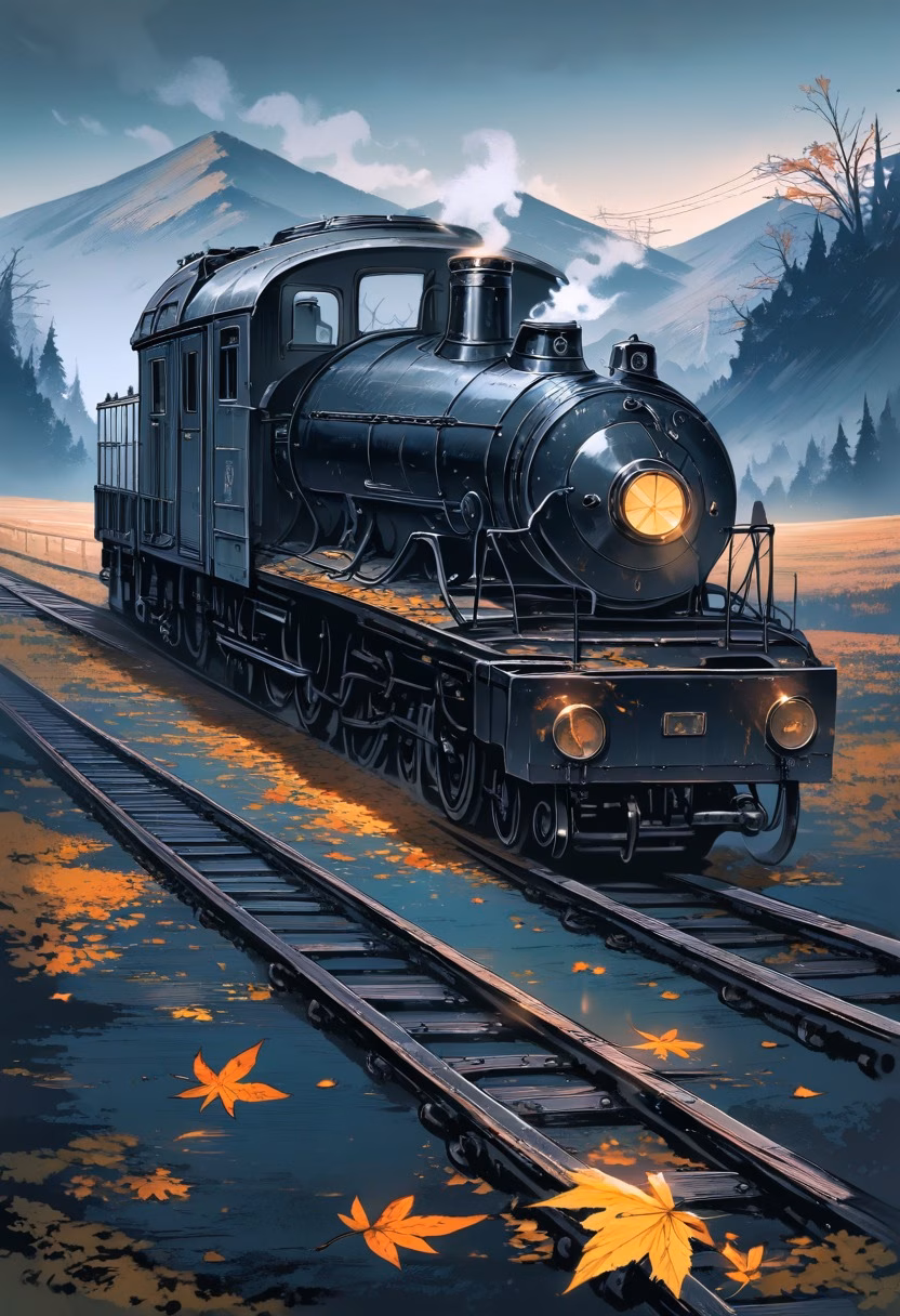 Steam Locomotive Dusk — view 5 — Weathered steam locomotive with black iron boiler, resting on abandoned rural railway tracks, cool autumn dusk with fall