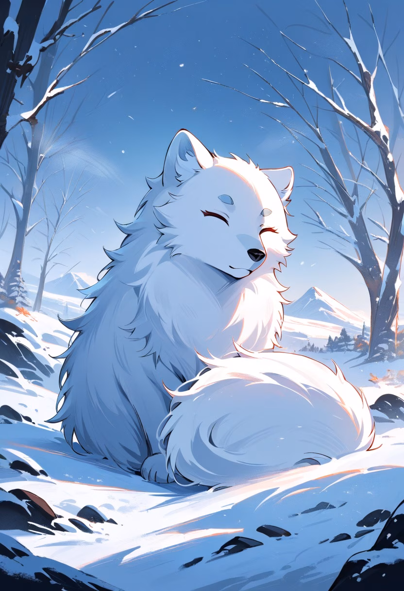 Arctic Fox in Snow — view 1 — arctic fox, snowy tundra, white fur, alert ears, winter landscape, wildlife, cold environment, detailed fur texture, mas