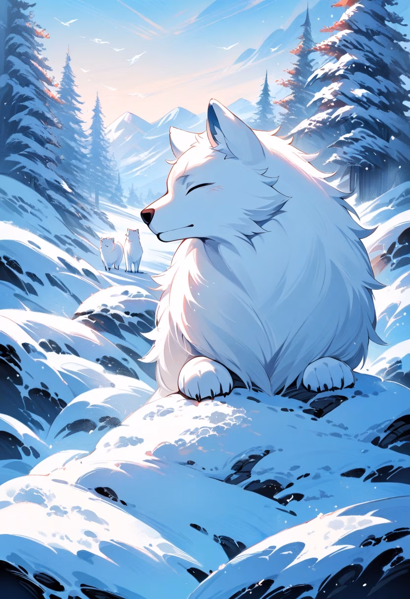 Arctic Fox in Snow — view 2 — arctic fox, snowy tundra, white fur, alert ears, winter landscape, wildlife, cold environment, detailed fur texture, mas