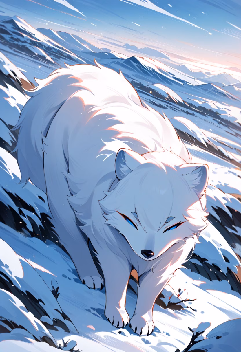 Arctic Fox in Snow — view 3 — arctic fox, snowy tundra, white fur, alert ears, winter landscape, wildlife, cold environment, detailed fur texture, mas