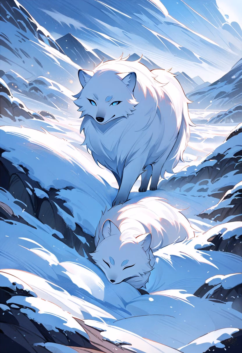 Arctic Fox in Snow — view 4 — arctic fox, snowy tundra, white fur, alert ears, winter landscape, wildlife, cold environment, detailed fur texture, mas