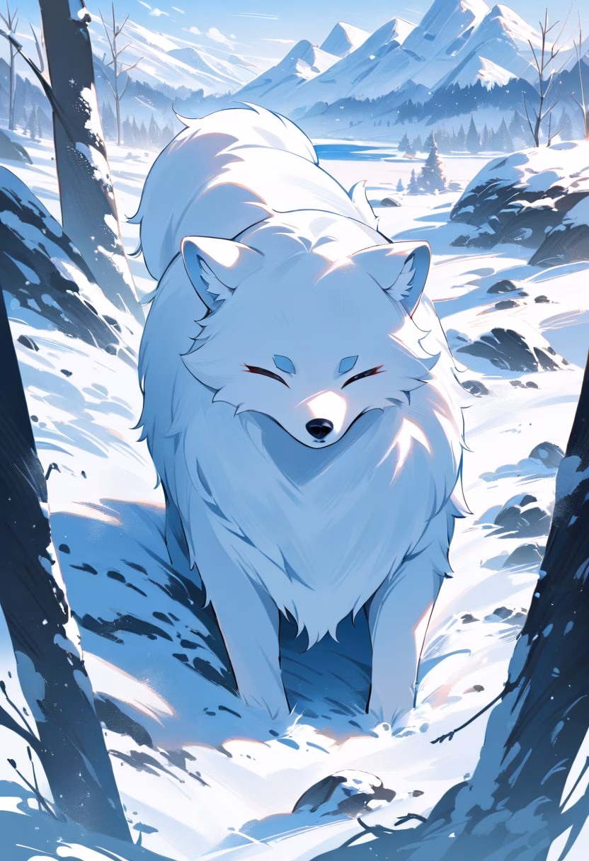 Arctic Fox in Snow — view 5 — arctic fox, snowy tundra, white fur, alert ears, winter landscape, wildlife, cold environment, detailed fur texture, mas