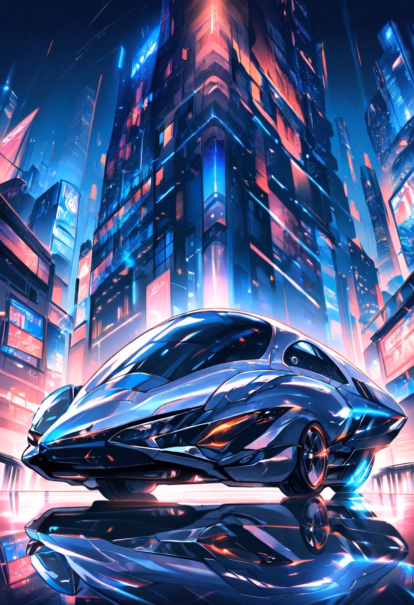 Futuristic Concept Car — view 1 — Futuristic electric concept car with sleek silver body, displayed on glossy showroom platform, cool winter night with ci
