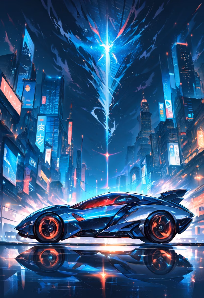 Futuristic Concept Car — view 2 — Futuristic electric concept car with sleek silver body, displayed on glossy showroom platform, cool winter night with ci