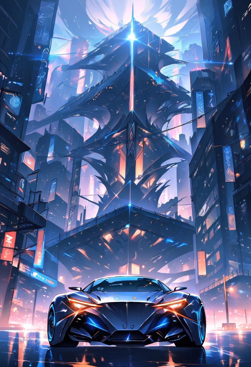 Futuristic Concept Car — view 3 — Futuristic electric concept car with sleek silver body, displayed on glossy showroom platform, cool winter night with ci