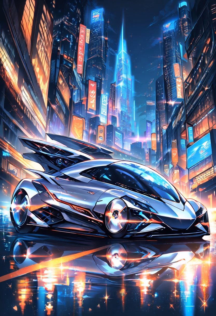 Futuristic Concept Car — view 4 — Futuristic electric concept car with sleek silver body, displayed on glossy showroom platform, cool winter night with ci