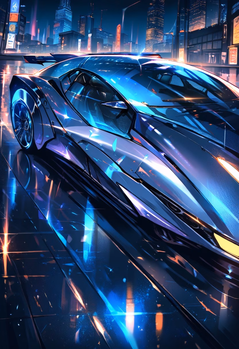 Futuristic Concept Car — view 5 — Futuristic electric concept car with sleek silver body, displayed on glossy showroom platform, cool winter night with ci