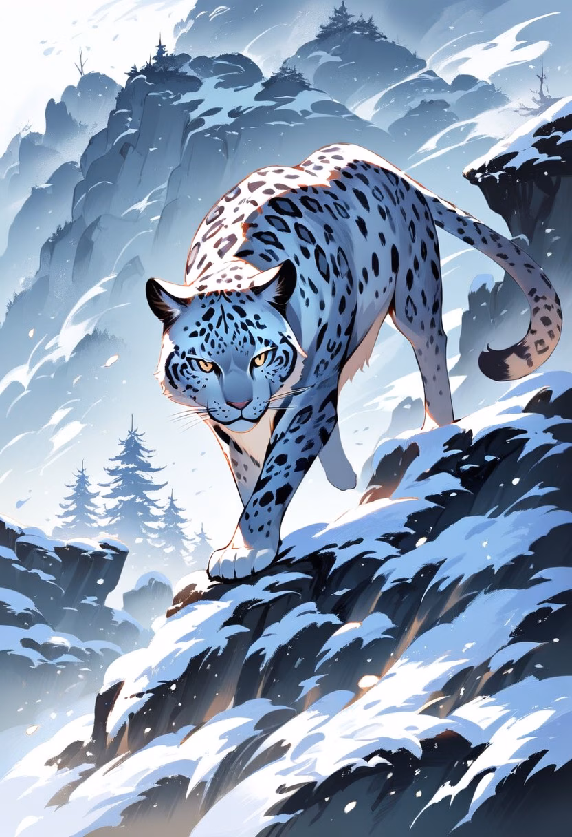 Snow Leopard At Dawn — view 1 — majestic spotted snow leopard, prowling across a rocky himalayan ridge, drifting winter snow scattered nearby, soft dawn