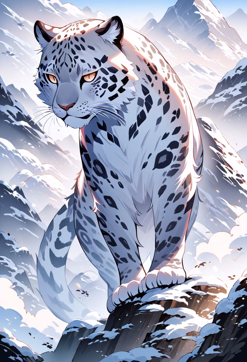 Snow Leopard At Dawn — view 2 — majestic spotted snow leopard, prowling across a rocky himalayan ridge, drifting winter snow scattered nearby, soft dawn