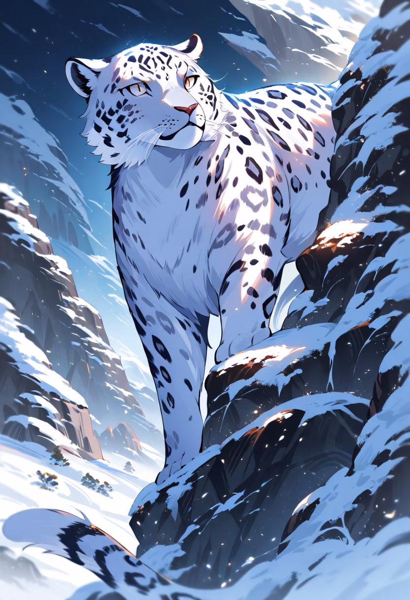 Snow Leopard At Dawn — view 3 — majestic spotted snow leopard, prowling across a rocky himalayan ridge, drifting winter snow scattered nearby, soft dawn