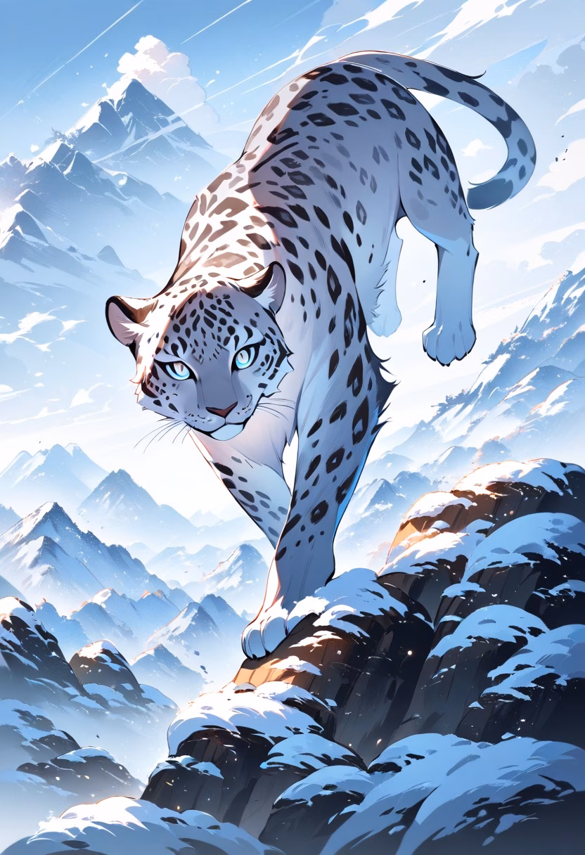 Snow Leopard At Dawn — view 4 — majestic spotted snow leopard, prowling across a rocky himalayan ridge, drifting winter snow scattered nearby, soft dawn