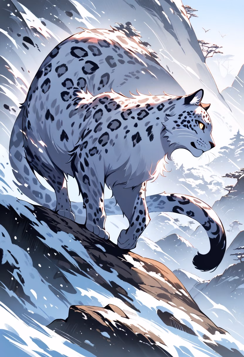 Snow Leopard At Dawn — view 5 — majestic spotted snow leopard, prowling across a rocky himalayan ridge, drifting winter snow scattered nearby, soft dawn