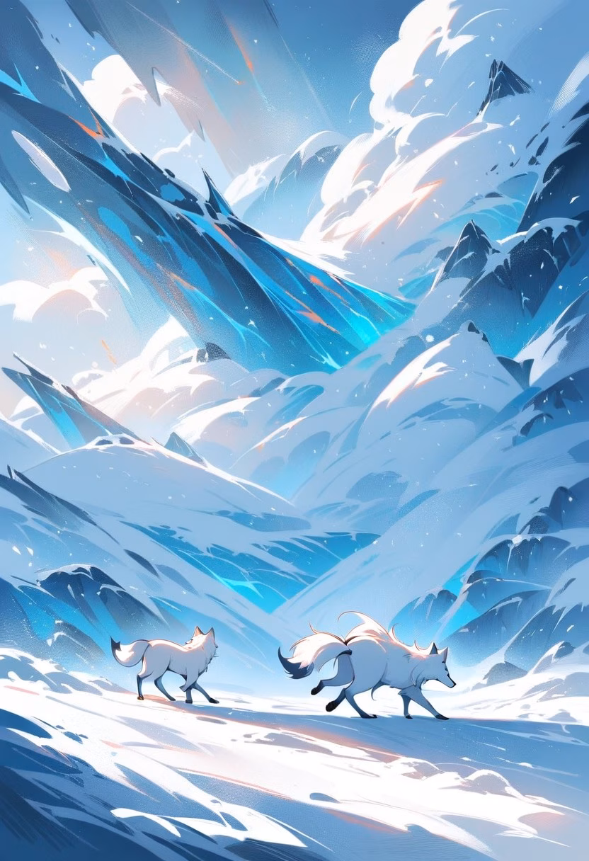 Arctic Fox On Tundra — view 1 — curious white arctic fox, trotting through a frozen tundra plain, scattered ice crystals glinting nearby, bright midday 