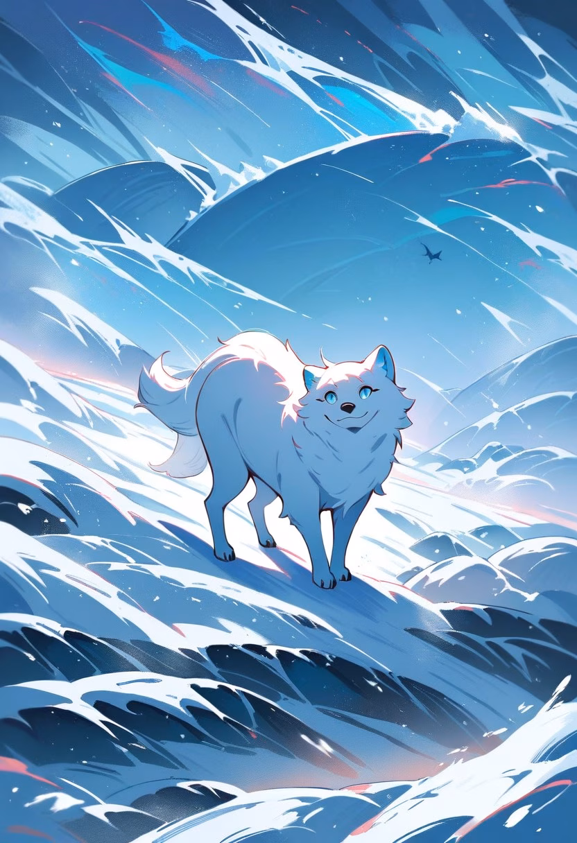Arctic Fox On Tundra — view 2 — curious white arctic fox, trotting through a frozen tundra plain, scattered ice crystals glinting nearby, bright midday