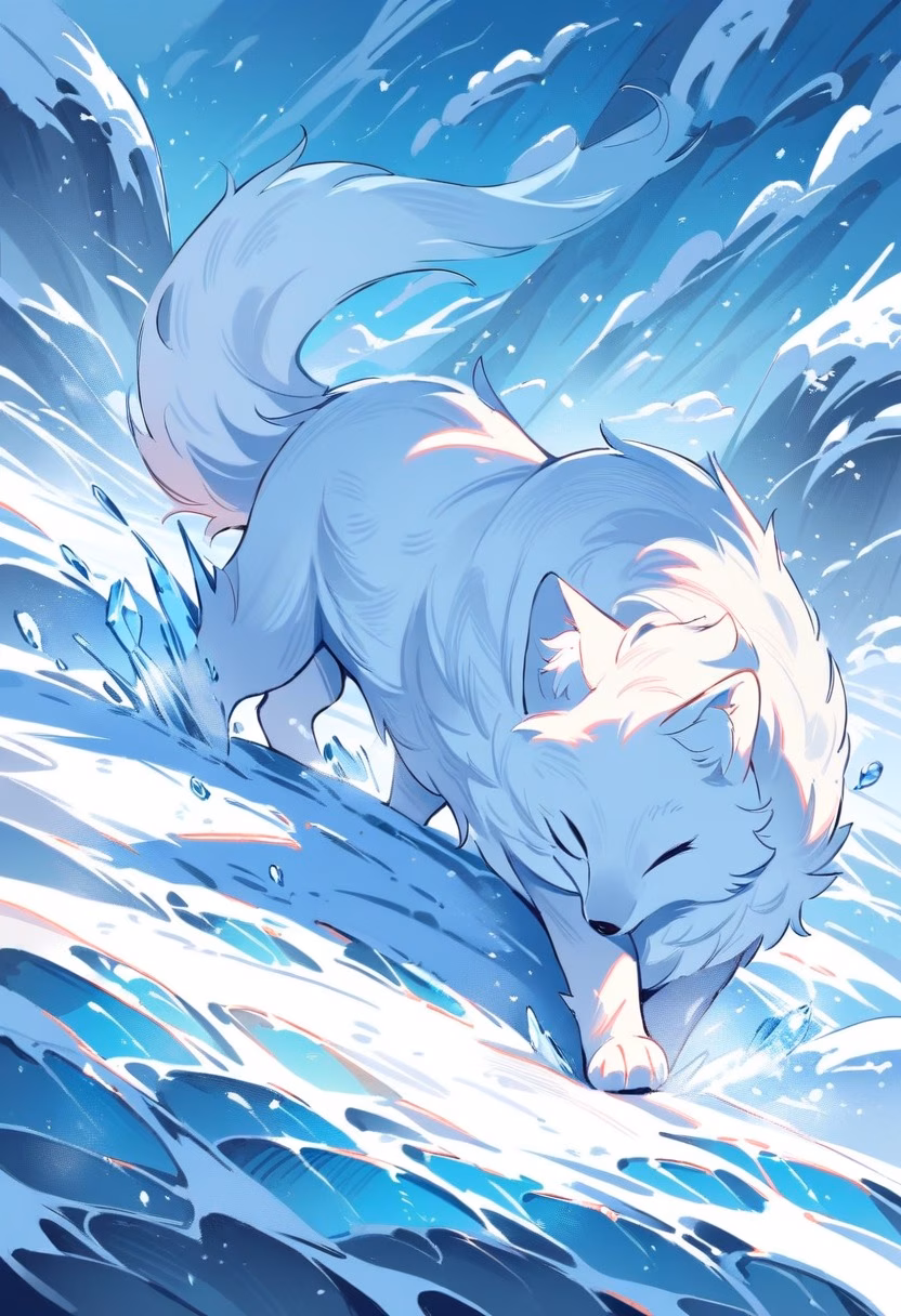 Arctic Fox On Tundra — view 3 — curious white arctic fox, trotting through a frozen tundra plain, scattered ice crystals glinting nearby, bright midday