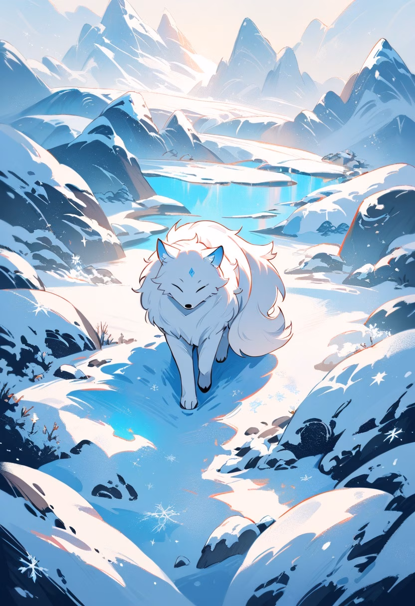 Arctic Fox On Tundra — view 4 — curious white arctic fox, trotting through a frozen tundra plain, scattered ice crystals glinting nearby, bright midday