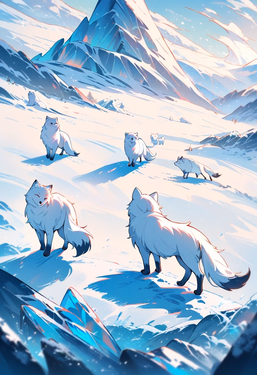Arctic Fox On Tundra — view 5 — curious white arctic fox, trotting through a frozen tundra plain, scattered ice crystals glinting nearby, bright midday 