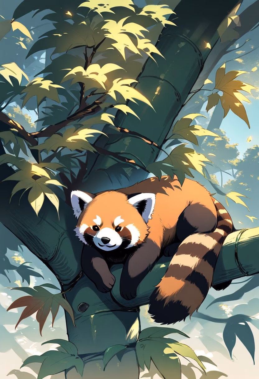 Red Panda At Sunset — view 1 — fluffy red panda, resting on a mossy bamboo branch, gentle autumn leaves falling around, warm golden hour light, cozy tr