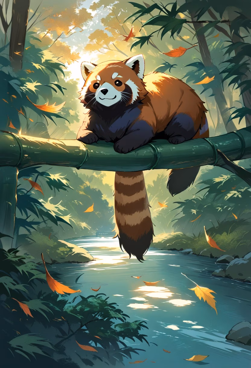 Red Panda At Sunset — view 2 — fluffy red panda, resting on a mossy bamboo branch, gentle autumn leaves falling around, warm golden hour light, cozy tr