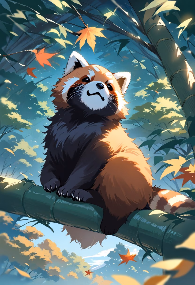 Red Panda At Sunset — view 3 — fluffy red panda, resting on a mossy bamboo branch, gentle autumn leaves falling around, warm golden hour light, cozy tr