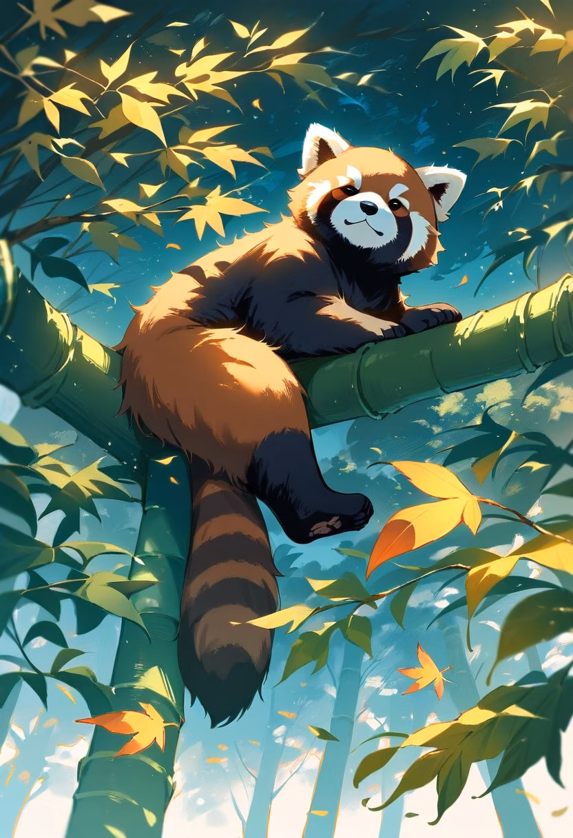 Red Panda At Sunset — view 4 — fluffy red panda, resting on a mossy bamboo branch, gentle autumn leaves falling around, warm golden hour light, cozy tr