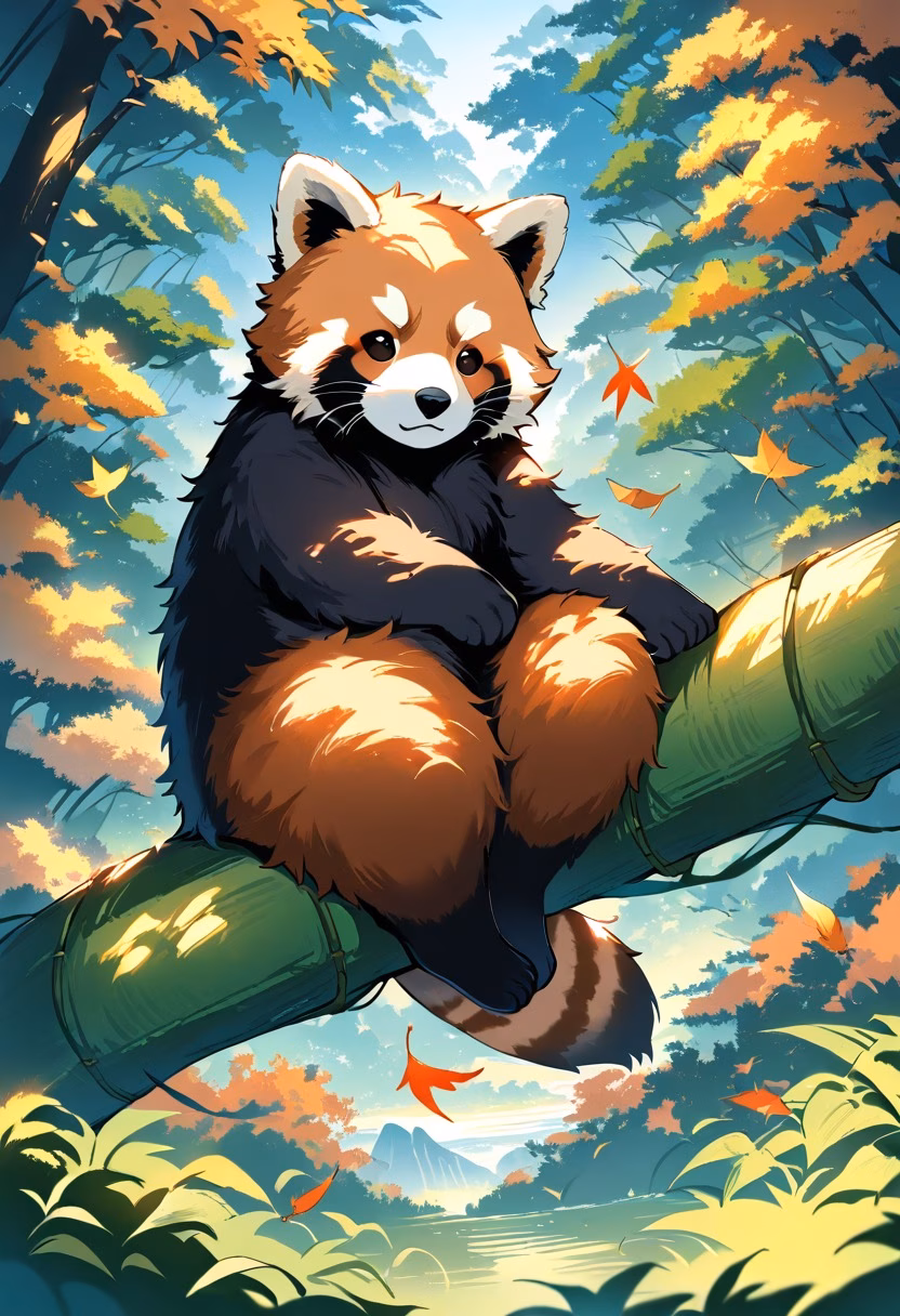 Red Panda At Sunset — view 5 — fluffy red panda, resting on a mossy bamboo branch, gentle autumn leaves falling around, warm golden hour light, cozy tr