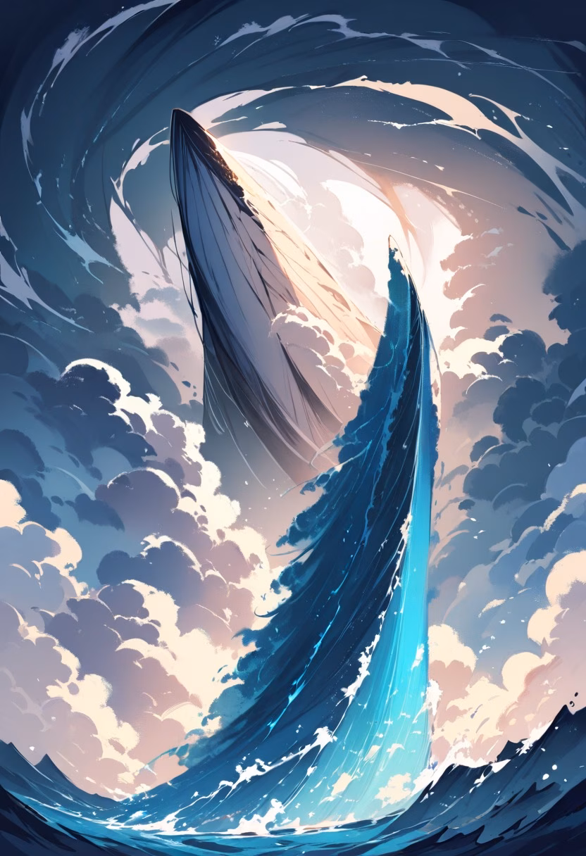 Whale Breaching At Dusk — view 1 — enormous humpback whale, breaching above deep ocean waves, distant storm clouds gathering, dusky twilight light, powerfu