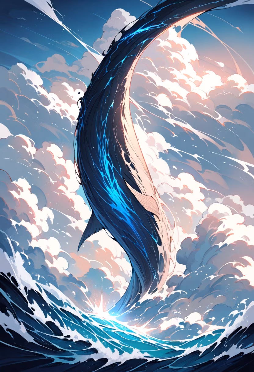 Whale Breaching At Dusk — view 3 — enormous humpback whale, breaching above deep ocean waves, distant storm clouds gathering, dusky twilight light, powerfu