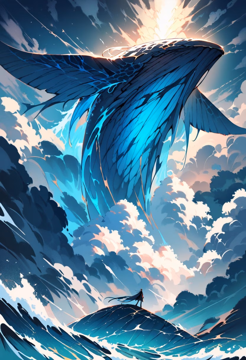 Whale Breaching At Dusk — view 4 — enormous humpback whale, breaching above deep ocean waves, distant storm clouds gathering, dusky twilight light, powerfu