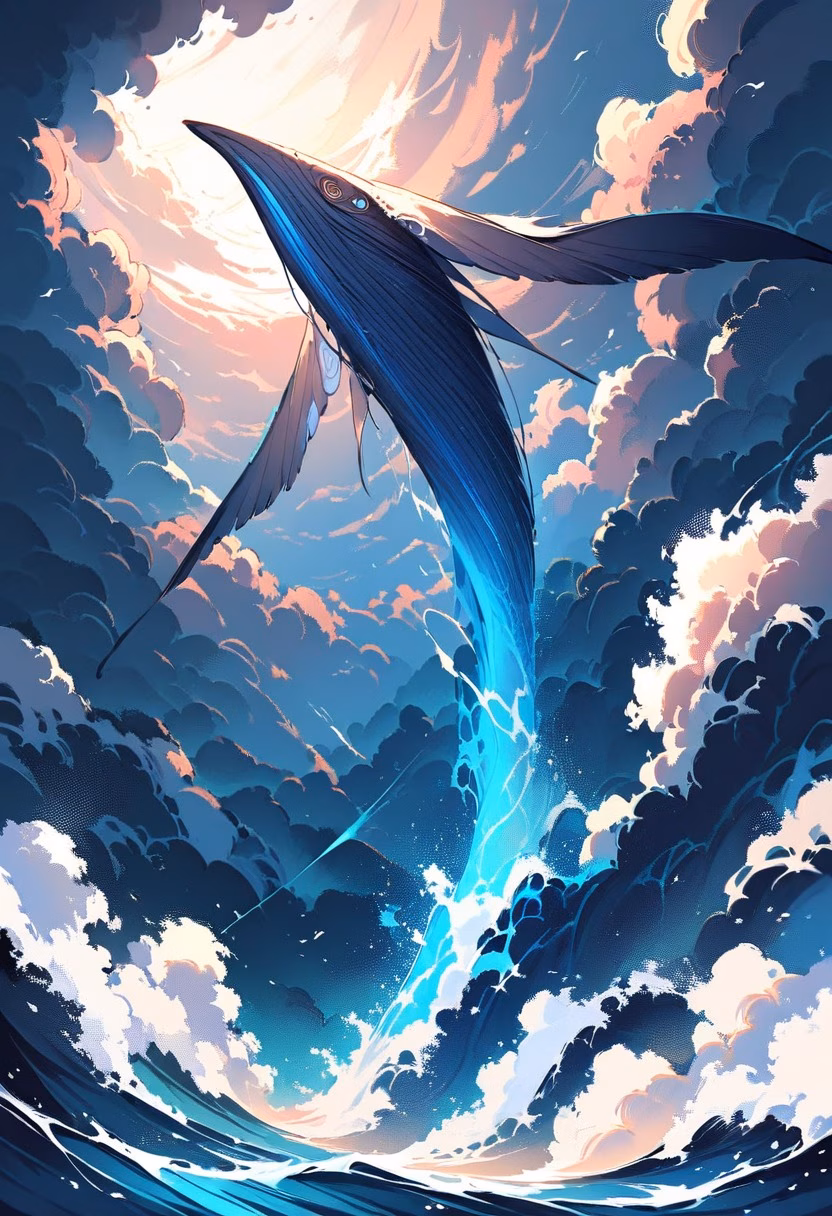 Whale Breaching At Dusk — view 5 — enormous humpback whale, breaching above deep ocean waves, distant storm clouds gathering, dusky twilight light, powerfu