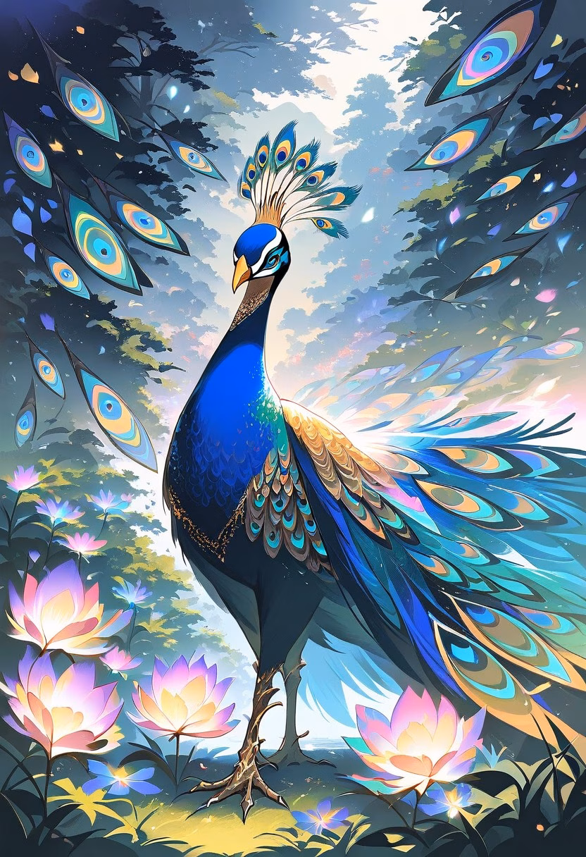 Peacock Under Moonlight — view 1 — vibrant peacock, displaying iridescent feathers in a moonlit garden, faint mist drifting low, silvery night light, mysti