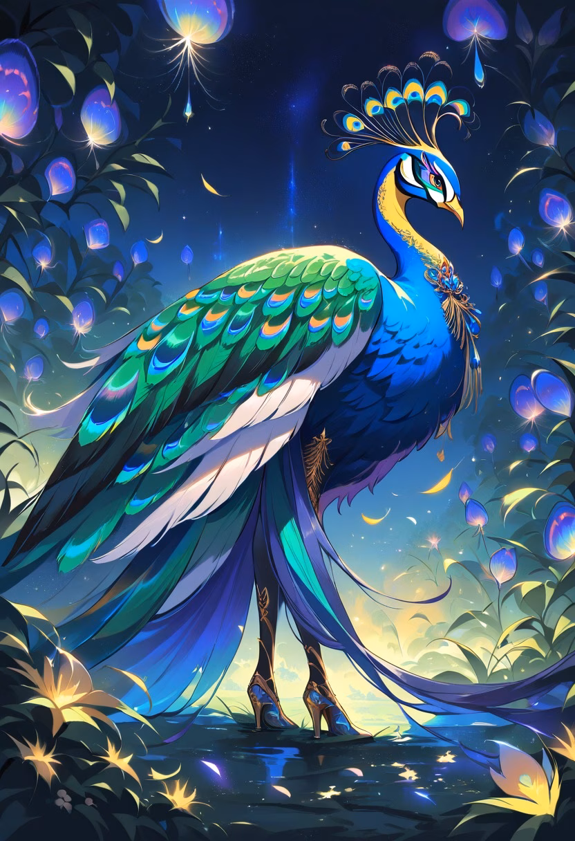 Peacock Under Moonlight — view 2 — vibrant peacock, displaying iridescent feathers in a moonlit garden, faint mist drifting low, silvery night light, mysti
