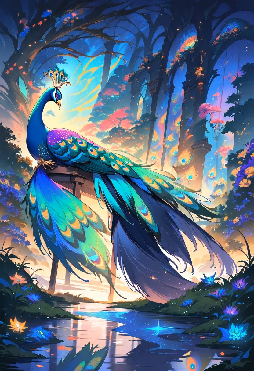 Peacock Under Moonlight — view 3 — vibrant peacock, displaying iridescent feathers in a moonlit garden, faint mist drifting low, silvery night light, mysti
