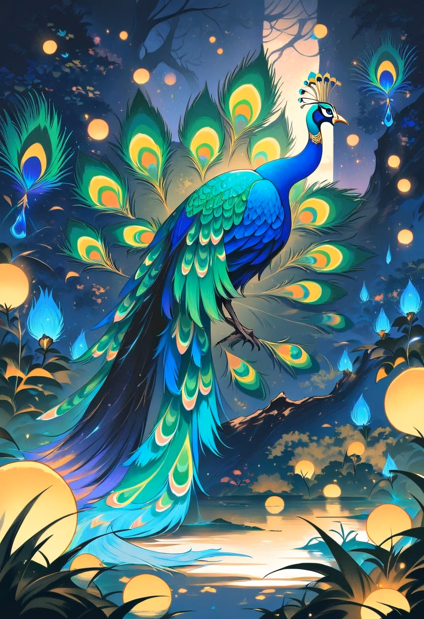 Peacock Under Moonlight — view 4 — vibrant peacock, displaying iridescent feathers in a moonlit garden, faint mist drifting low, silvery night light, mysti