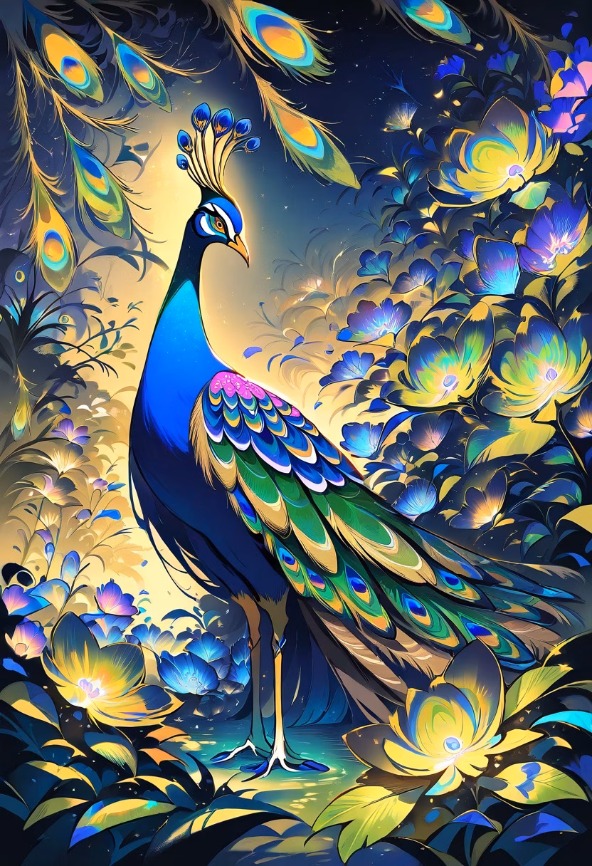 Peacock Under Moonlight — view 5 — vibrant peacock, displaying iridescent feathers in a moonlit garden, faint mist drifting low, silvery night light, mysti